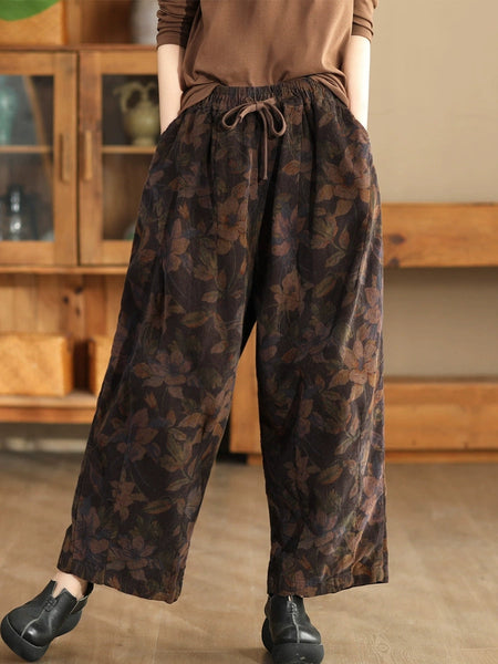 Women Autumn Vintage Flower Strap Corduroy Harem Pants AI1036 ZMMM