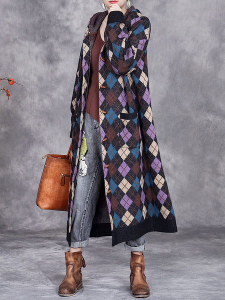 Women Winter Rhomboid Wool Knitted Hooded Coat AI1001 ZSLS