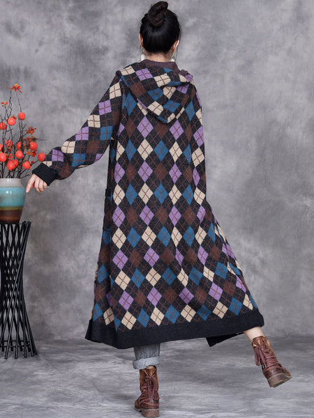 Women Winter Rhomboid Wool Knitted Hooded Coat AI1001 ZSLS