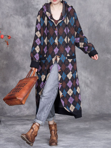 Women Winter Rhomboid Wool Knitted Hooded Coat AI1001 ZSLS