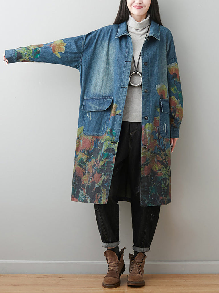 Women Autumn Artsy Flower Turn-down Collar Denim Coat AI1070 BUYKUD