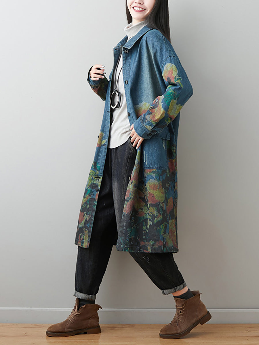 Women Autumn Artsy Flower Turn-down Collar Denim Coat AI1070 BUYKUD