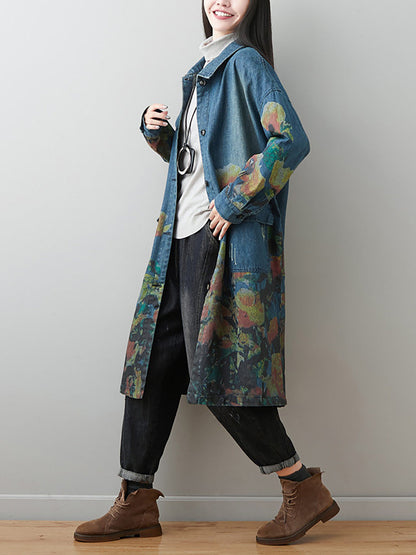 Women Autumn Artsy Flower Turn-down Collar Denim Coat AI1070 BUYKUD