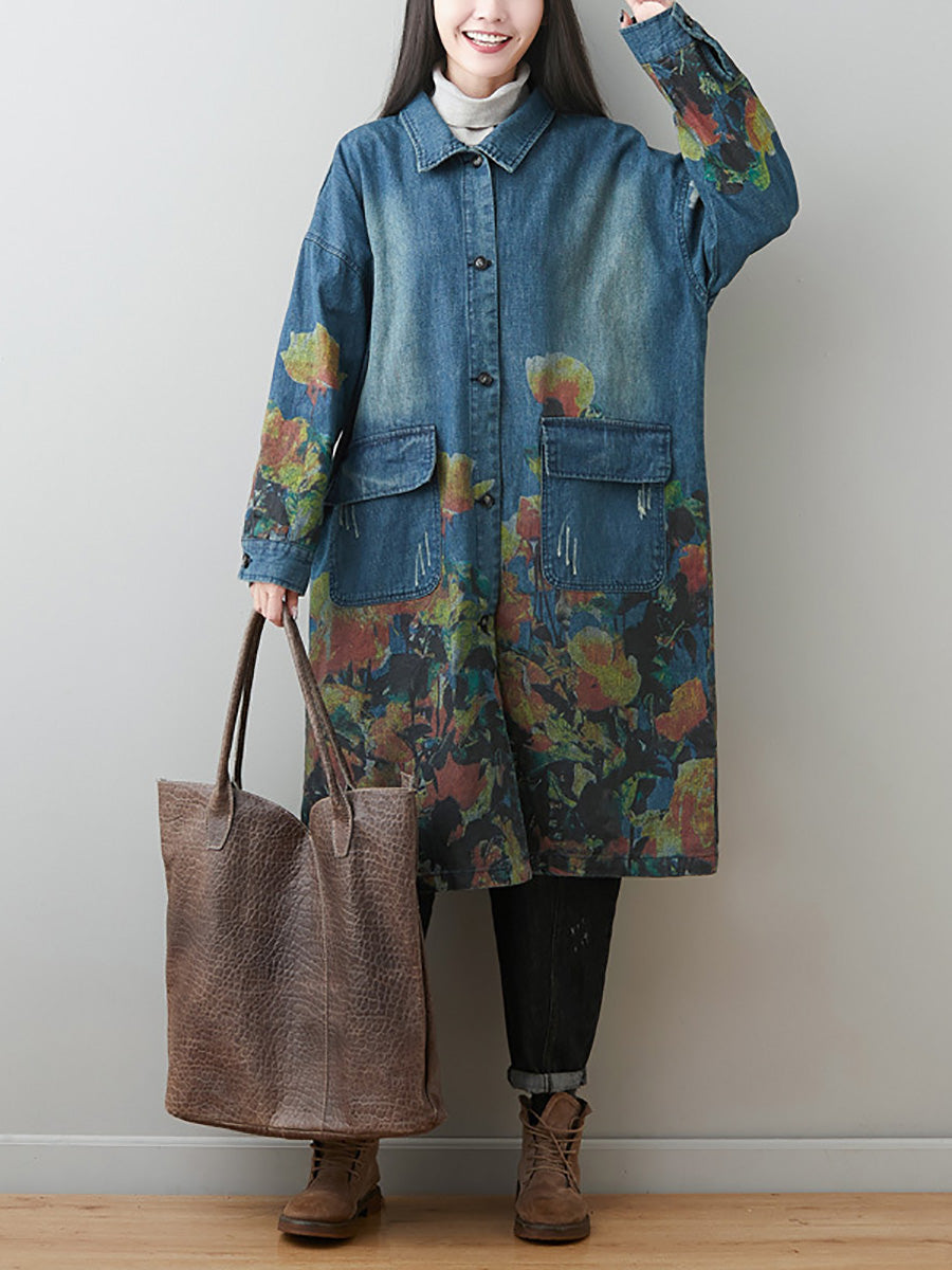 Women Autumn Artsy Flower Turn-down Collar Denim Coat AI1070 BUYKUD