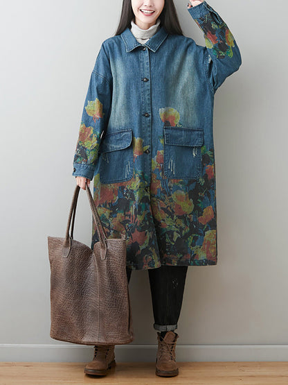 Women Autumn Artsy Flower Turn-down Collar Denim Coat AI1070 BUYKUD