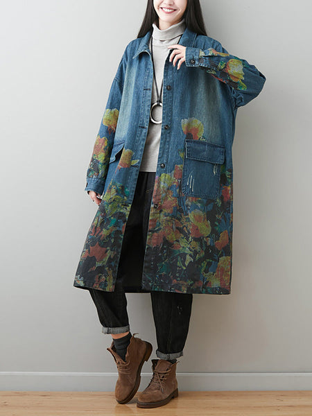 Women Autumn Artsy Flower Turn-down Collar Denim Coat AI1070 BUYKUD