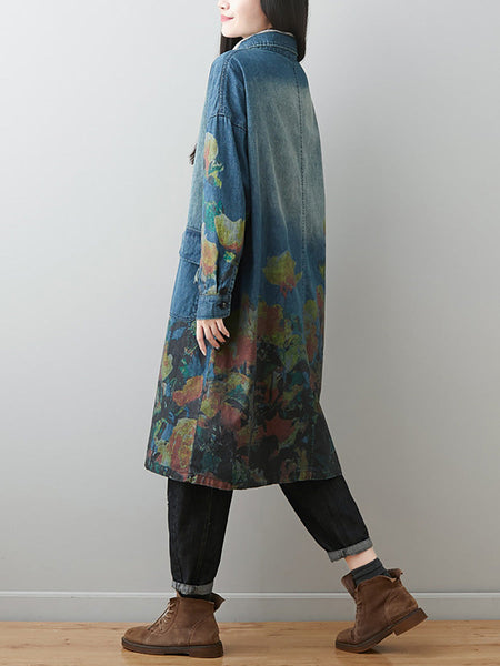 Women Autumn Artsy Flower Turn-down Collar Denim Coat AI1070 BUYKUD