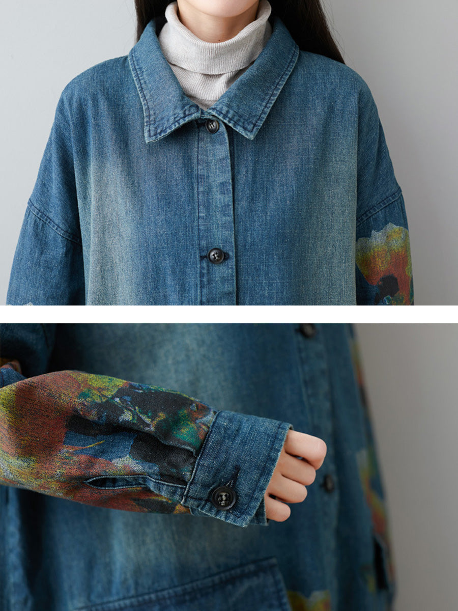 Women Autumn Artsy Flower Turn-down Collar Denim Coat AI1070 BUYKUD