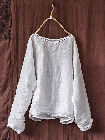 Women Summer Vintage Solid Stitching Ramie Blouse AI1007 QYMM