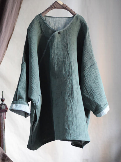 Women Vintage Autumn Solid Cotton Linen Long Shirt AI1004 BUYKUD