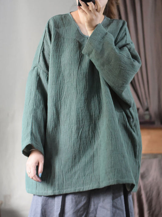 Women Vintage Autumn Solid Cotton Linen Long Shirt AI1004 BUYKUD