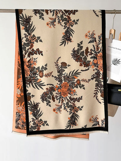 Women Winter Artsy Floral Jacquard Tassel Warm Shawl Scarf AI1033 BK