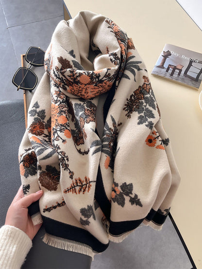 Women Winter Artsy Floral Jacquard Tassel Warm Shawl Scarf AI1033 BK