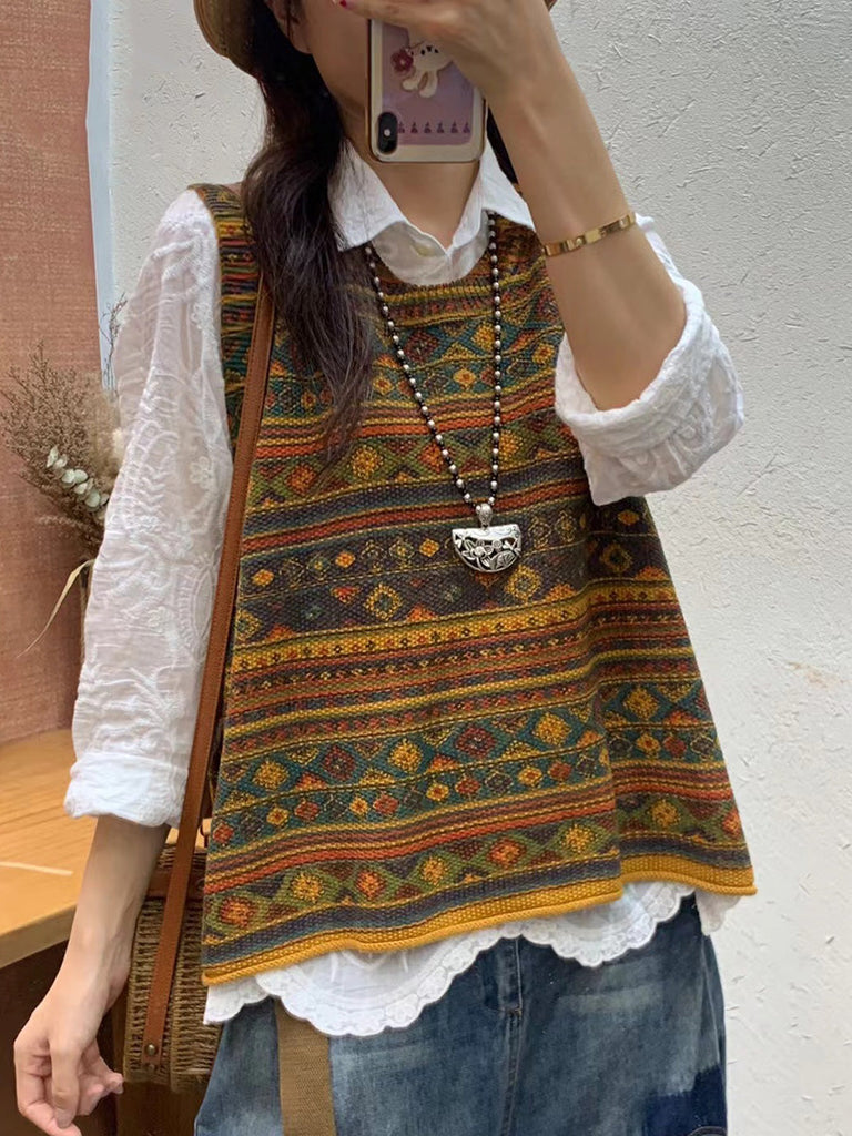 Women Autumn Artsy Colorblock Knit O-Neck Vest AH1032 BUYKUD