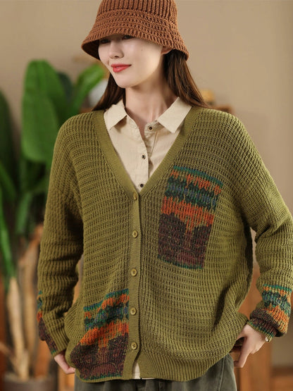 Women Vintage Artsy Print Knit V-Neck Cardigan Sweater AH1012 BUYKUD