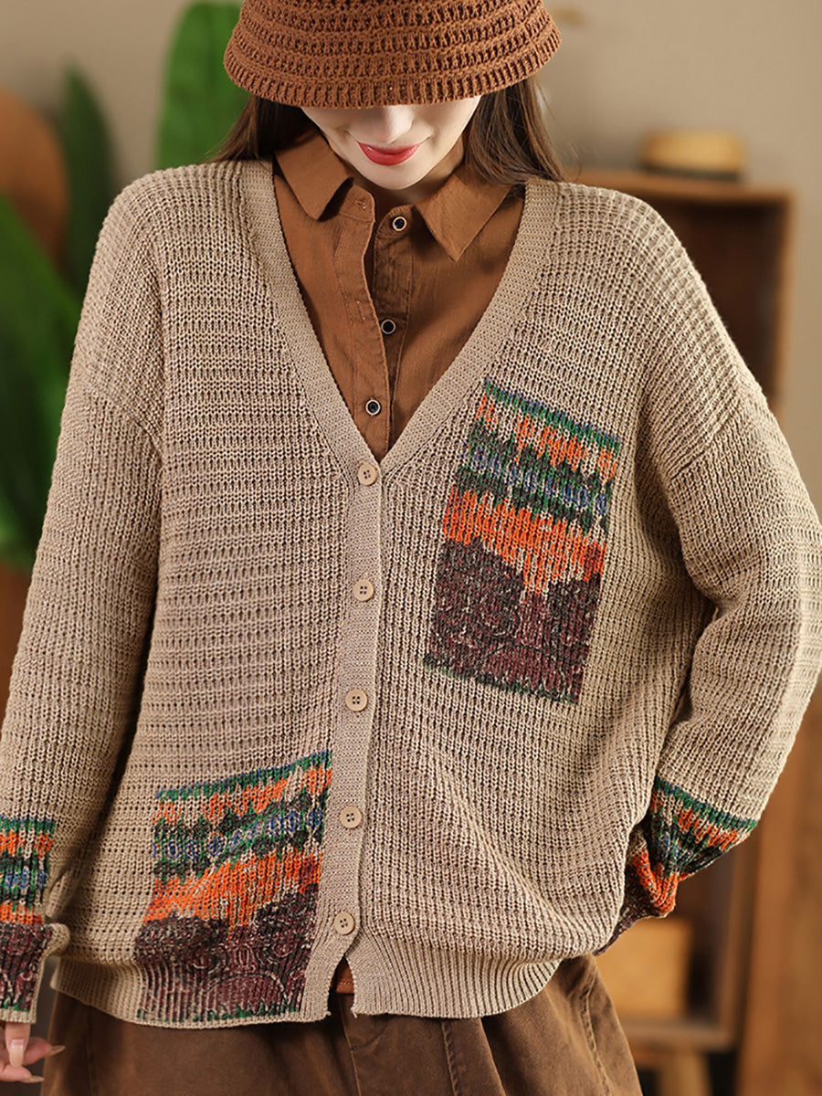 Women Vintage Artsy Print Knit V-Neck Cardigan Sweater AH1012 BUYKUD