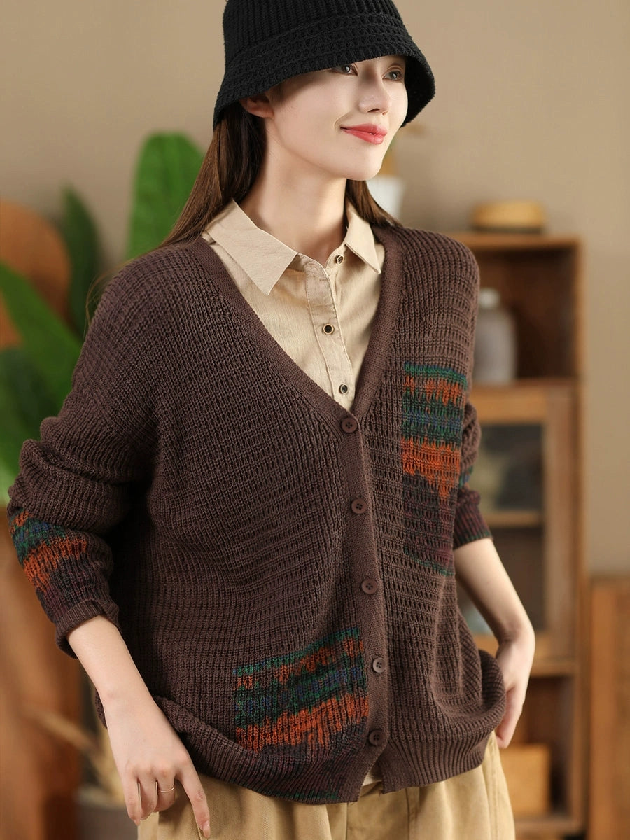 Women Vintage Artsy Print Knit V-Neck Cardigan Sweater AH1012 BUYKUD