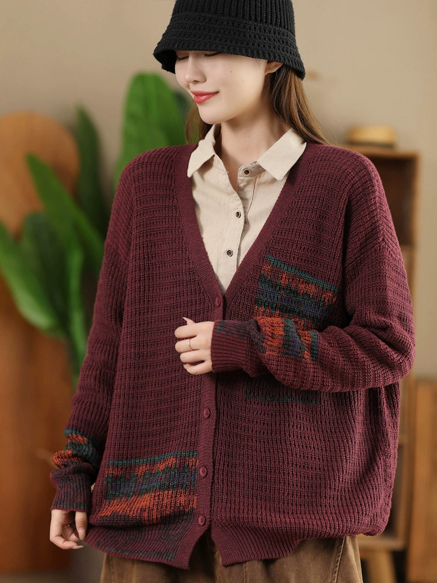 Women Vintage Artsy Print Knit V-Neck Cardigan Sweater AH1012 BUYKUD