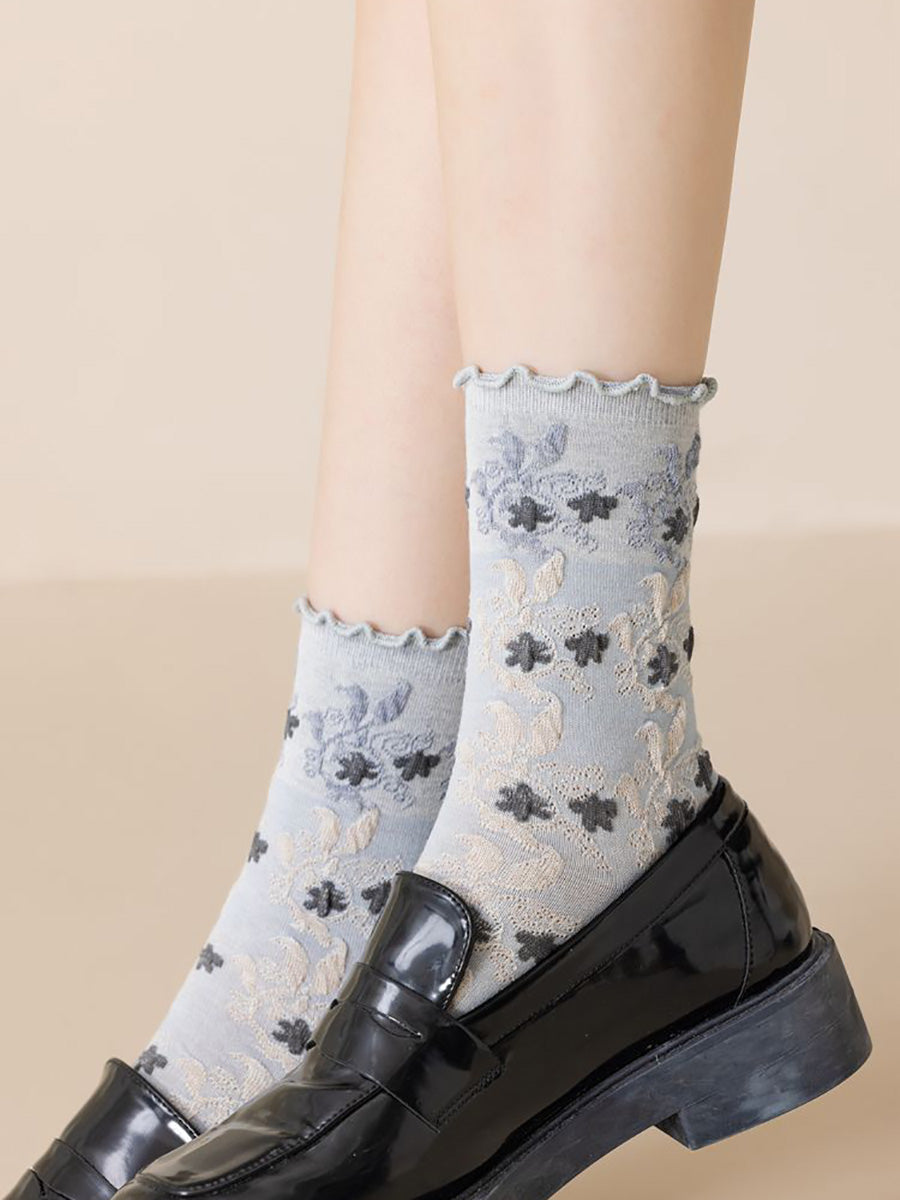 3 Pairs Women Autumn Flower Jacquard Colorblock Socks AH1023 BUYKUD