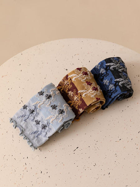 3 Pairs Women Autumn Flower Jacquard Colorblock Socks AH1023 BUYKUD