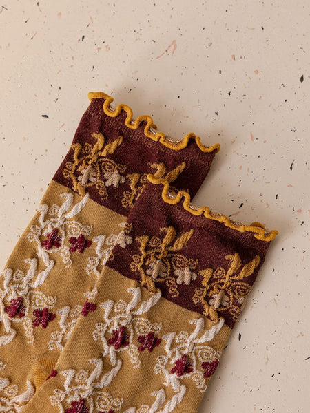 3 Pairs Women Autumn Flower Jacquard Colorblock Socks AH1023 BUYKUD