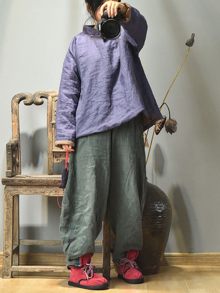 Women Autumn Ethnic Solid Slant Closure Linen Short Coat AH1047 JSHY