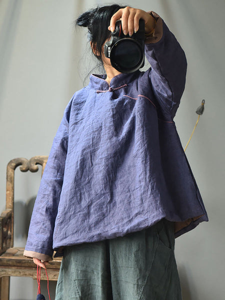 Women Autumn Ethnic Solid Slant Closure Linen Short Coat AH1047 JSHY