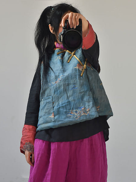 Women Retro Floral Casual Pocket Vest AH1010 QYMM