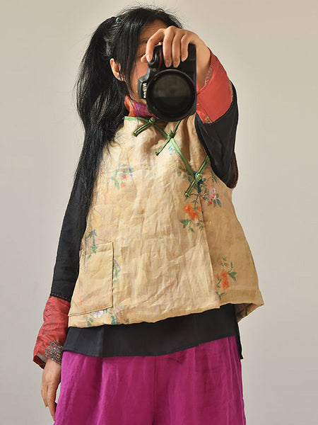 Women Retro Floral Casual Pocket Vest AH1010 QYMM