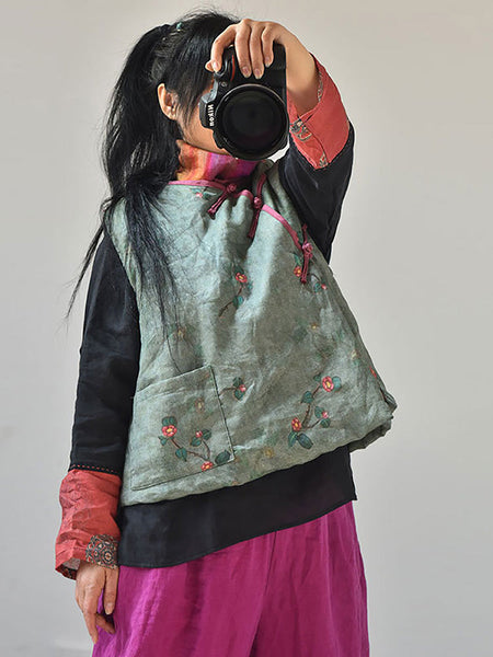 Women Retro Floral Casual Pocket Vest AH1010 QYMM