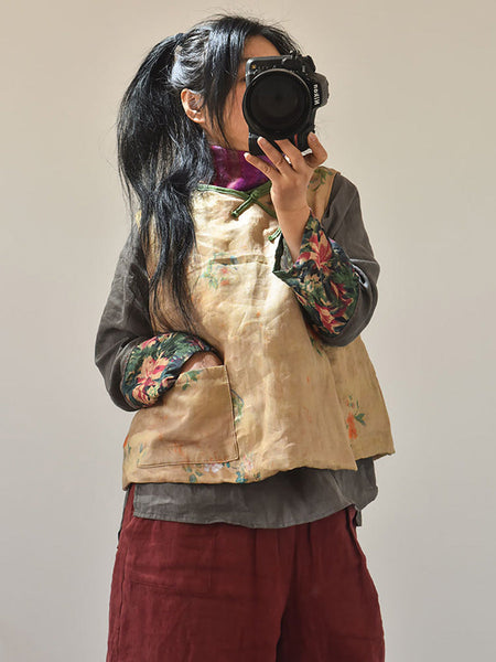 Women Retro Floral Casual Pocket Vest AH1010 QYMM