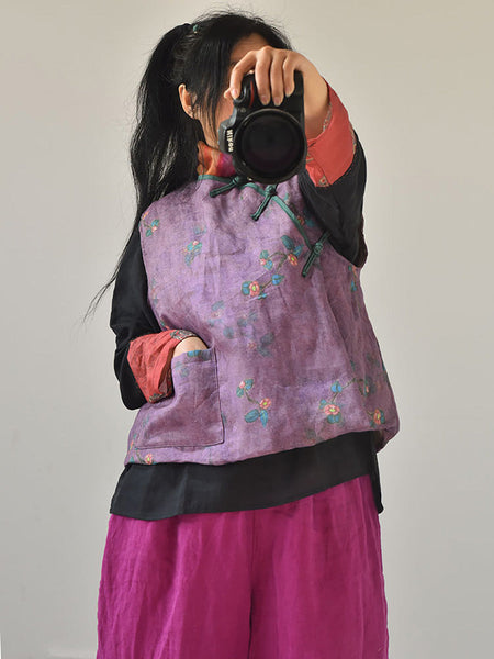 Women Retro Floral Casual Pocket Vest AH1010 QYMM