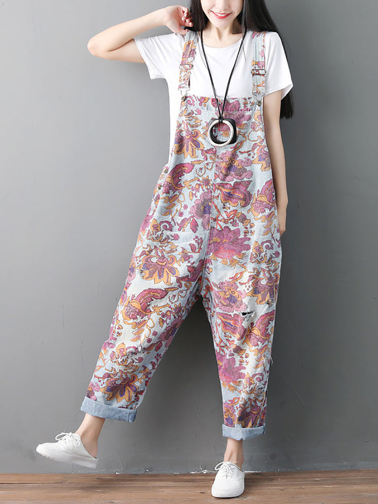 Women Autumn Flower Denim Loose Jumpsuits AH1049 YTLSFZ