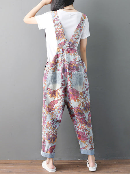 Women Autumn Flower Denim Loose Jumpsuits AH1049 YTLSFZ