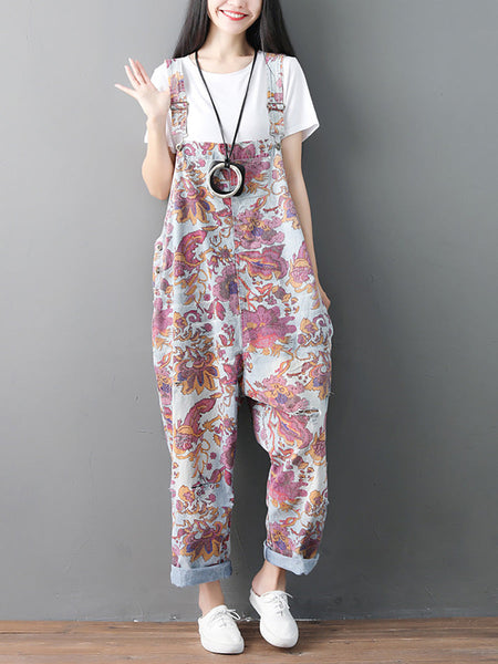 Women Autumn Flower Denim Loose Jumpsuits AH1049 YTLSFZ