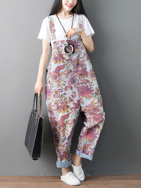 Women Autumn Flower Denim Loose Jumpsuits AH1049 YTLSFZ