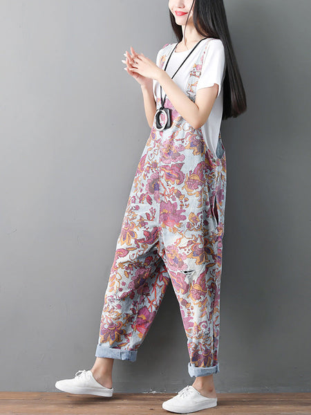 Women Autumn Flower Denim Loose Jumpsuits AH1049 YTLSFZ