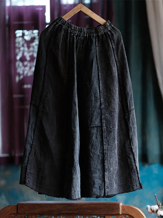 Women Vintage Linen Spliced Loose Raw-edge Skirt AK1010 Genistyle Shop