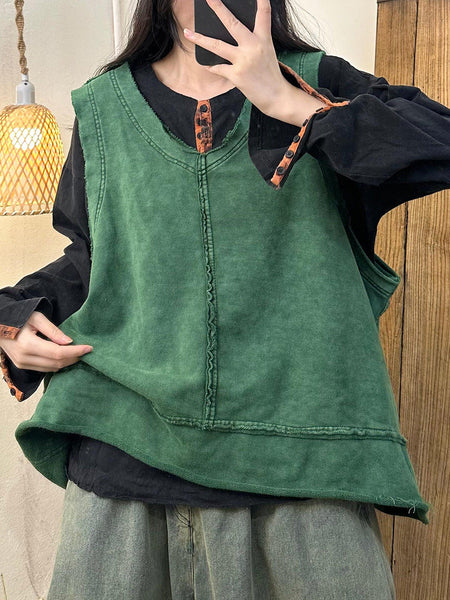 Women Autumn Artsy Raw-edge Spliced O-Neck Vest AH1037 BUYKUD