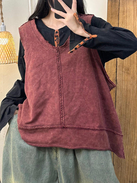Women Autumn Artsy Raw-edge Spliced O-Neck Vest AH1037 BUYKUD