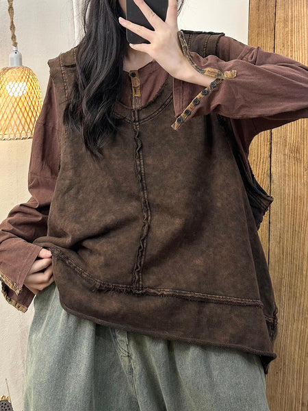 Women Autumn Artsy Raw-edge Spliced O-Neck Vest AH1037 BUYKUD