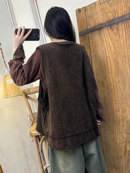 Women Autumn Artsy Raw-edge Spliced O-Neck Vest AH1037 BUYKUD