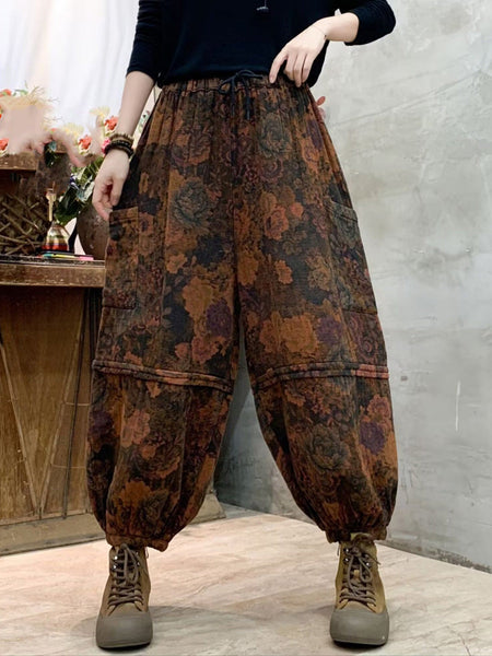 Women Autumn Vintage Flower Spliced Cotton Harem Pants AH1004 BK