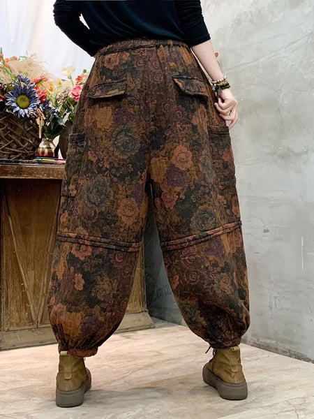 Women Autumn Vintage Flower Spliced Cotton Harem Pants AH1004 BK