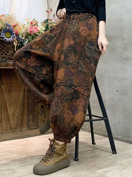 Women Autumn Vintage Flower Spliced Cotton Harem Pants AH1004 BK