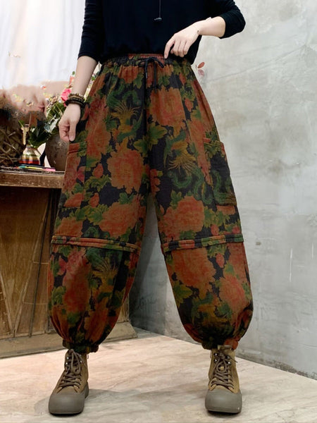 Women Autumn Vintage Flower Spliced Cotton Harem Pants AH1004 BK