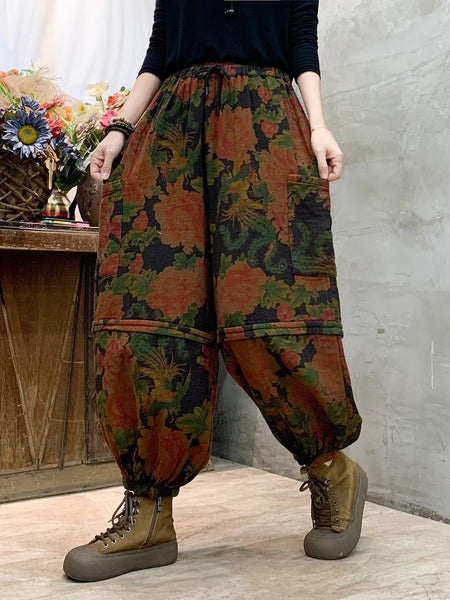 Women Autumn Vintage Flower Spliced Cotton Harem Pants AH1004 BK