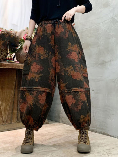 Women Autumn Vintage Flower Spliced Cotton Harem Pants AH1004 BK