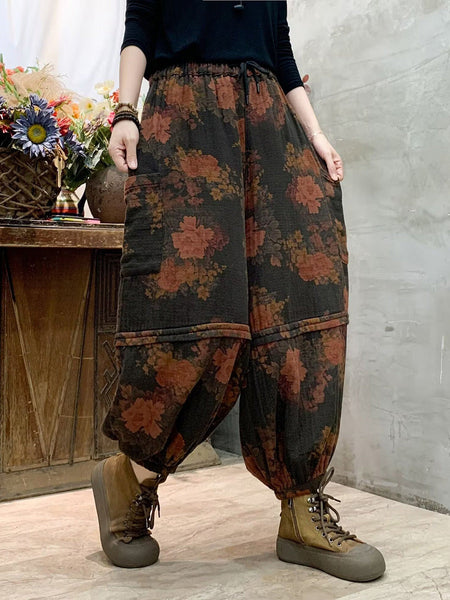 Women Autumn Vintage Flower Spliced Cotton Harem Pants AH1004 BK