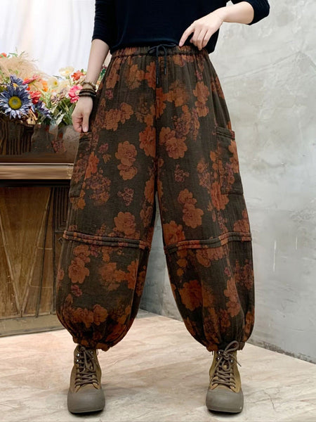 Women Autumn Vintage Flower Spliced Cotton Harem Pants AH1004 BK